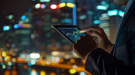 A businessman in a suit analyzing stock market data on a digital tablet with city skyline in the background.の素材