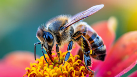 A close-up of a honeybee collecting nectar from a brightly colored flower.の素材