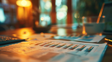 A close-up of a financial report with detailed business graphs and charts spread out on a desk.の素材