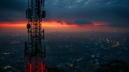 A cellphone tower illuminated by the first light of dawn, with the city waking up below.の素材