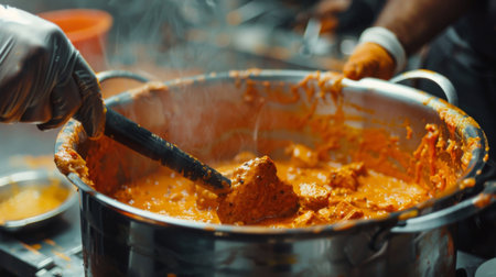 A chef preparing a large pot of creamy butter chicken curry with tomatoes and cashew paste.の素材