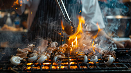 A chef grilling squid over an open flame on a barbecue grill, with smoke rising in the background.の素材