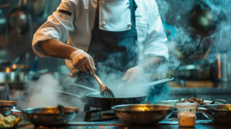 A chef cooking in a busy kitchen with steam rising from various pots and pans.の素材