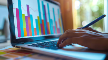 A close-up of a colorful bar graph being created in a spreadsheet software on a laptopの素材