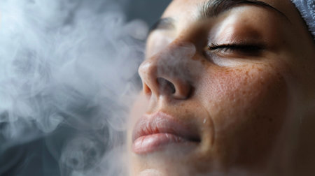 A close-up of a person's face enjoying a steam facial treatment at a spa.の素材