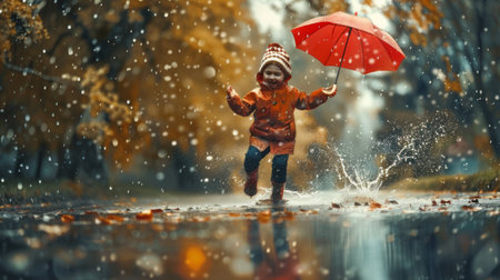 A child joyfully playing in the rain, jumping in puddles and holding an umbrella.の素材