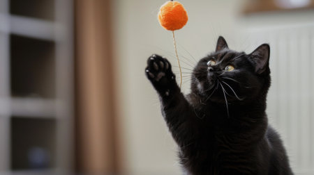 A chubby black cat playfully pawing at a dangling toy.の素材