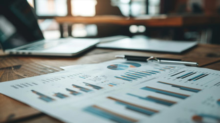 A close-up of a financial report with detailed business graphs and charts spread out on a desk.の素材