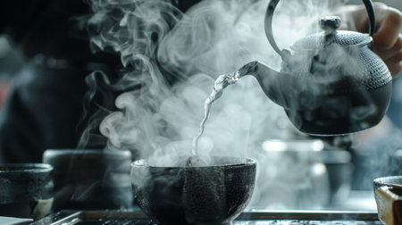 A close-up of steam swirling around a teapot being poured into a cup.の素材