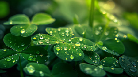 A close-up of tiny droplets on a clover leaf, with a soft focus on the background.の素材
