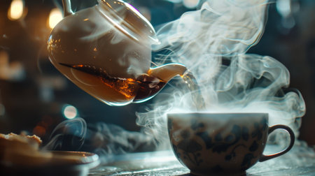 A close-up of steam swirling around a teapot being poured into a cup.の素材