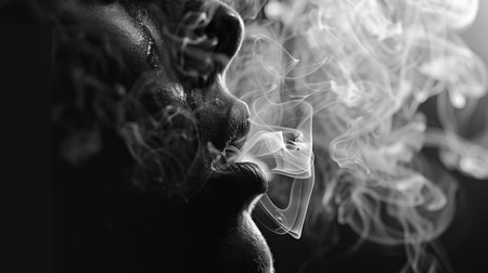 A close-up of smoke rings being blown by a person, with a dark background for contrast.の素材