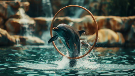 A dolphin jumping through a hoop during a performance, showcasing intelligence and agility.の素材