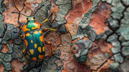 A colorful beetle crawling on a tree bark, with the textures of the bark in detail.の素材