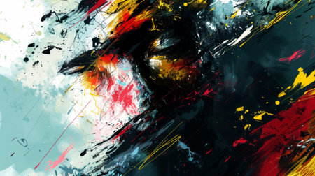 A digital abstract painting with chaotic brush strokes and splatters of paintの素材