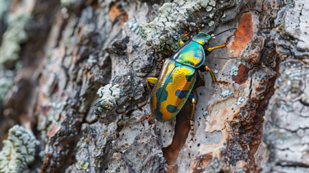 A colorful beetle crawling on a tree bark, with the textures of the bark in detail.の素材