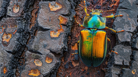 A colorful beetle crawling on a tree bark, with the textures of the bark in detail.の素材