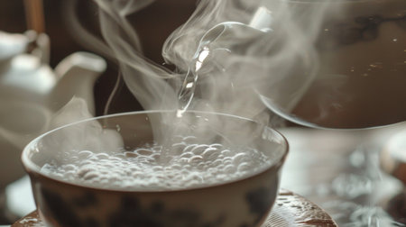 A close-up of steam swirling around a teapot being poured into a cup.の素材