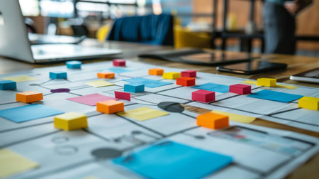 A detailed process diagram displayed on a tablet in a business setting.の素材