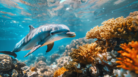 A dolphin swimming gracefully near a coral reef, showcasing marine life diversity.の素材