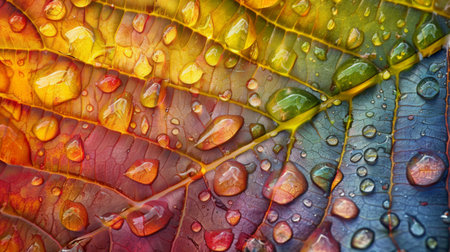A close-up of raindrops on a colorful autumn leaf, highlighting the textures and colors.の素材