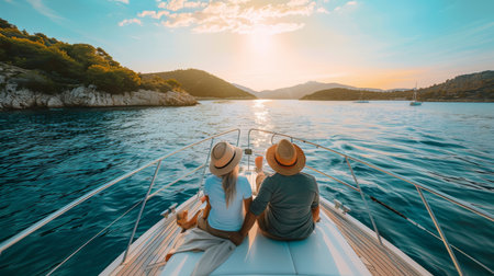 A couple relaxing on the bow of a yacht, admiring the coastline during a romantic getaway.の素材