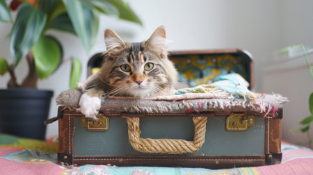 A DIY cat house made from a repurposed suitcase, decorated with cozy blanketsの素材