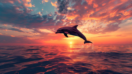 A dolphin leaping high in the air during a vibrant sunset over the sea horizon.の素材