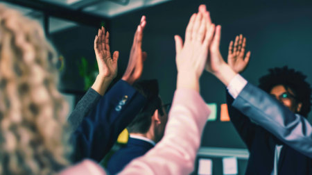 A group of colleagues celebrating positive business graph results with high-fives.の素材