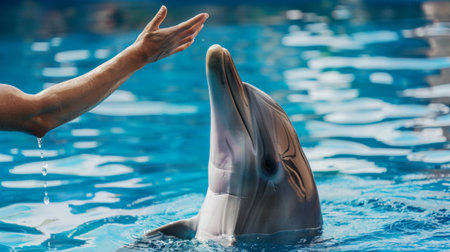 A dolphin trainer feeding a dolphin during a training session at an aquarium.の素材
