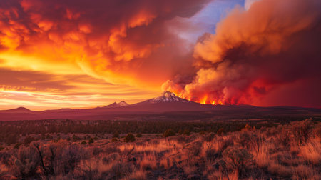A dramatic sunset with smoke plumes rising from distant wildfires on the horizon.の素材