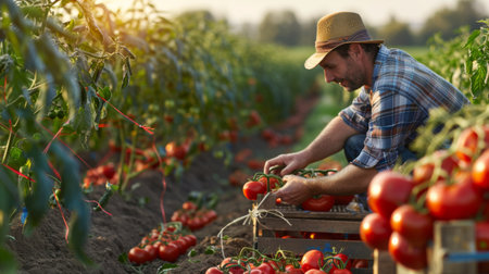 A farmer inspecting ripe tomatoes in a field before harvest, with crates in the background.の素材