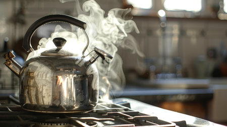A kettle on a stove with steam pouring out of its spout, signaling it's readyの素材