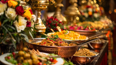 A festive Indian wedding banquet table with a lavish spread of vegetarian and non-vegetarian dishes.の素材