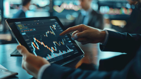 A financial analyst pointing to a candlestick chart on a tablet during a meeting.の素材