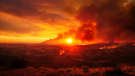 A dramatic sunset with smoke plumes rising from distant wildfires on the horizon.の素材