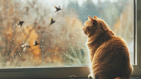A fat cat sitting on a windowsill, staring curiously at birds outside.の素材