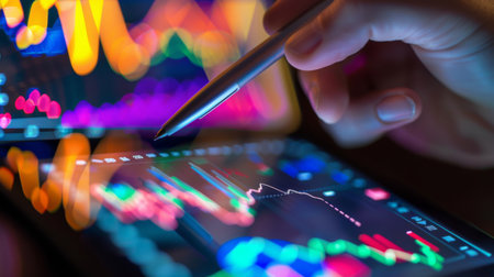 A hand holding a pen, pointing at a line graph on a digital tablet during a business presentation.の素材