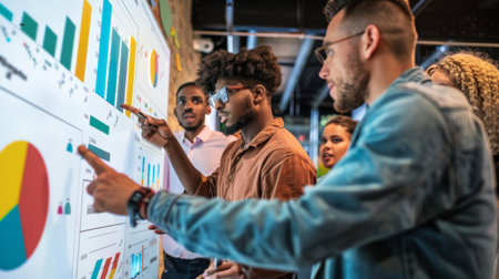 A group of diverse professionals discussing data points on a whiteboard with colorful graphs.の素材