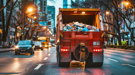 A garbage truck compacting trash bins loaded with household waste for transportation.の素材