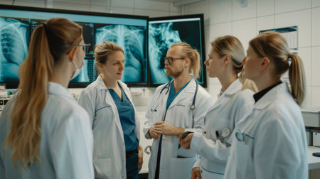 A group of veterinarians discussing X-ray results and treatment options for an injured horse.の素材