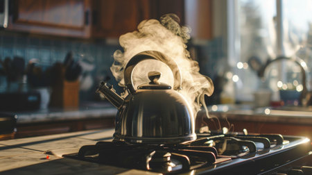 A kettle on a stove with steam pouring out of its spout, signaling it's readyの素材