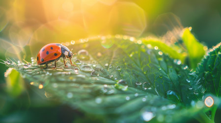 A ladybug crawling on a dewy green leaf in the morning sunlight.の素材