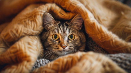 A plump cat peeking out from under a cozy blanket on a cold day.の素材