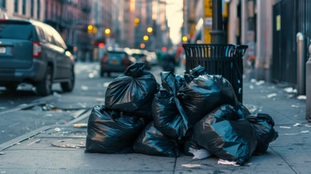 A pile of mixed household waste bags waiting for collection on a city sidewalk.の素材