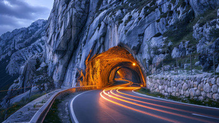 A mountain road tunnel illuminated with lights, cutting through the heart of a rocky peak.の素材