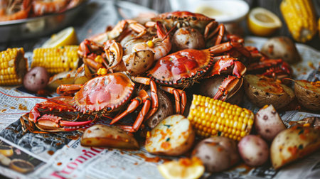 A seafood boil with crabs, shrimp, corn, and potatoes served on a newspaper-lined tableの素材
