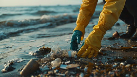A person wearing gloves and picking up litter from a beach, focusing on environmental cleanup.の素材