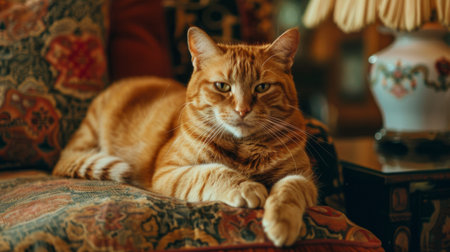 A large ginger cat sitting majestically on a cushion, looking regal despite its size.の素材