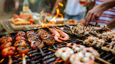 A seafood barbecue party with friends enjoying grilled squid and other dishes outdoors.の素材